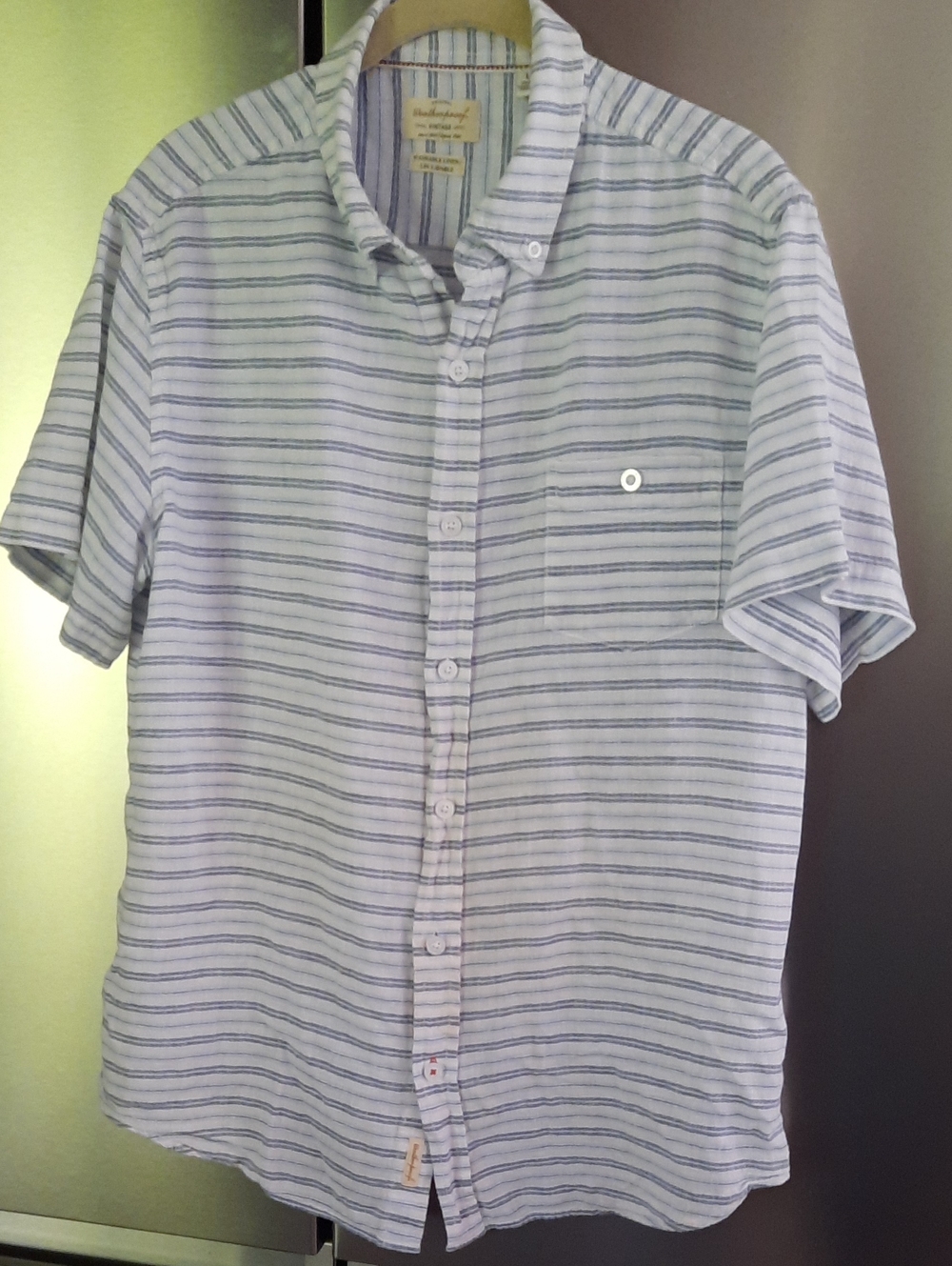 Men's LINEN Light Blue Striped Short-Sleeve Button-Down Shirt Linen/Cotton L